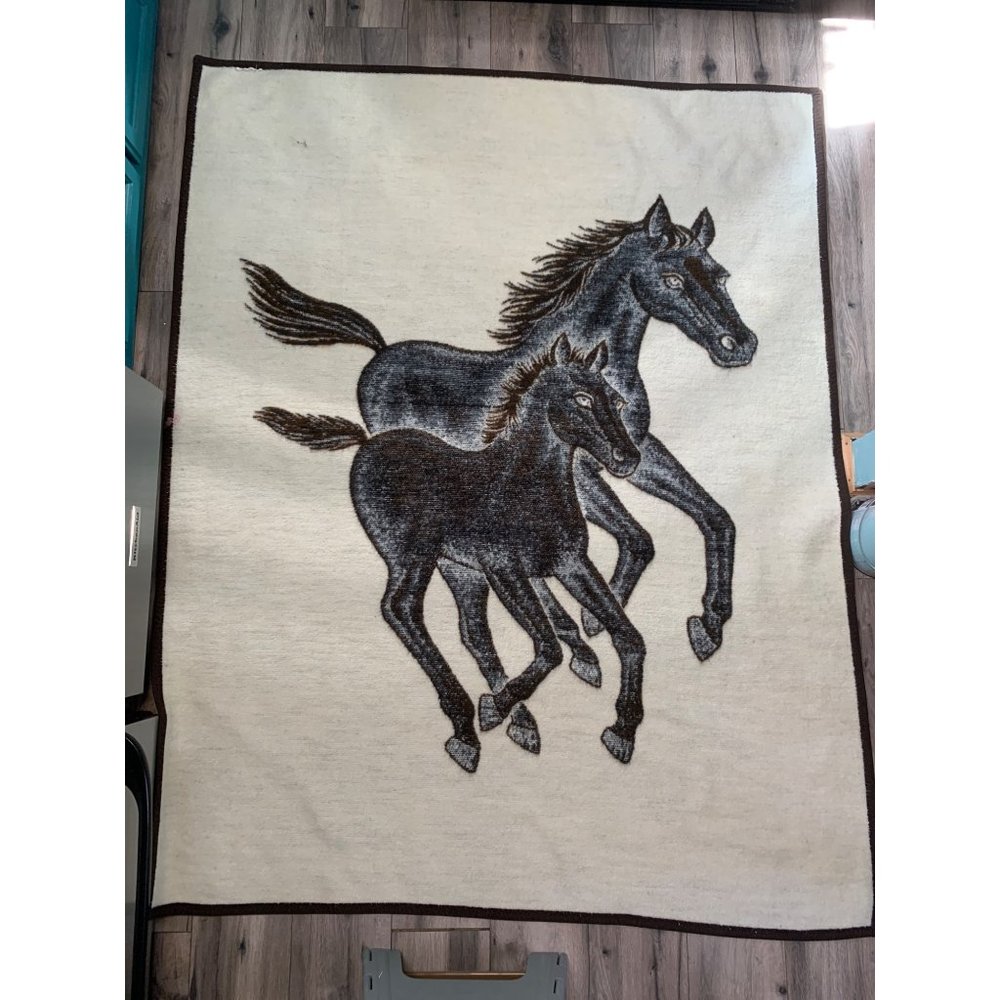 Vintage Biederlack Blanket Mare and Foal FLAWS Tag Removed 60x 78" Reversible Br